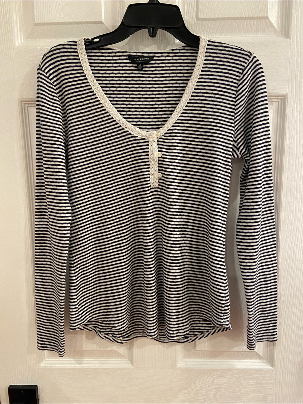 Lucky Brand Navy & White Striped Lace-Trim Henley Long Sleeve Top